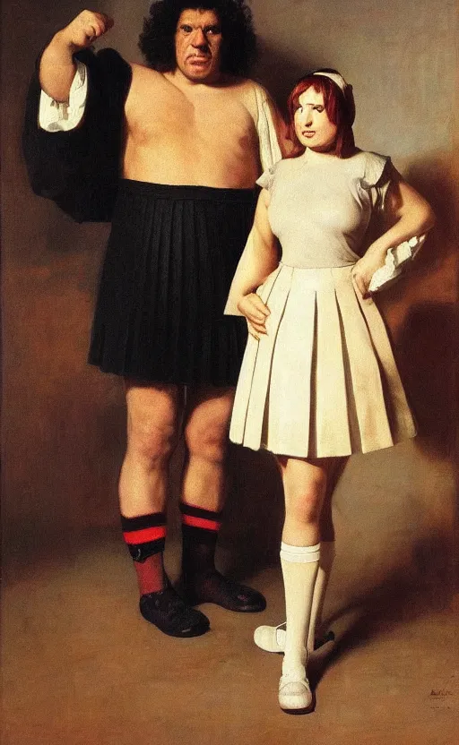 Prompt: andre the giant, school uniform, seifuku, pleated miniskirt, overknee socks. by rembrandt 1 6 6 7, illustration, by konstantin razumov