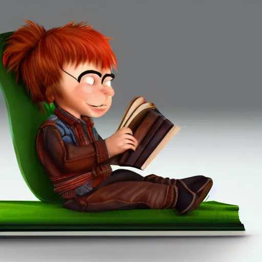Image similar to diminutive young man sitting on a huge book. The man is two inches tall and redhead. The book is closed, with a green cover. Digital realistic detailed art trending in Artstation.