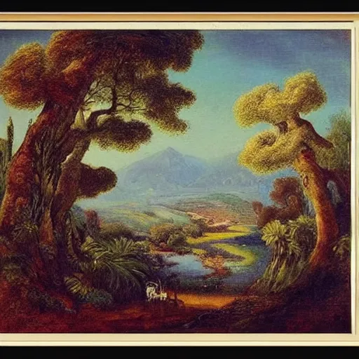 Prompt: A beautiful print of a landscape. It is a stylized and colorful view of an idyllic, dreamlike world with rolling hills, peaceful looking animals, and a flowing river. The scene looks like it could be from another planet, or perhaps a fairy tale. pottery by Gustave Moreau neat