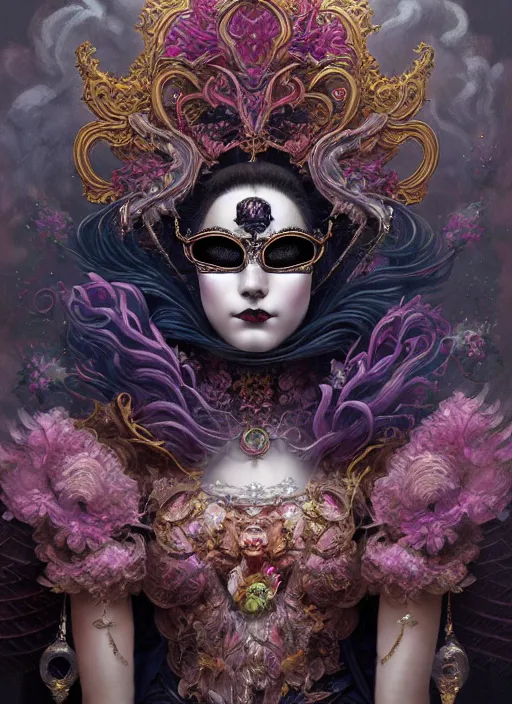 Prompt: hyper detailed ultra sharp elite venetian mask girl, gothic aesthetic, synthwave, colorful, ephemeral, ornate, intricate, digital painting, concept art, smooth, sharp focus, illustration, art by tom bagshaw and greg rutkowski and hannah yata, trending on artstation 8 k