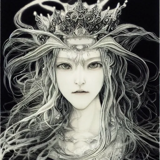 Image similar to yoshitaka amano blurred and dreamy illustration of a girl with black eyes, wavy white hair fluttering in the wind wearing elden ring armor and crown with engraving, highly detailed face, abstract black and white patterns on the background, noisy film grain effect, highly detailed, renaissance oil painting, weird portrait angle, blurred lost edges, three quarter view