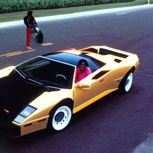 Prompt: Michael Jackson driving a Lamborghini outrun style