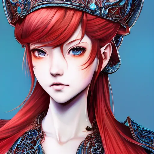 Image similar to a red haired female knight as an absurdly beautiful, elegant, sensual anime girl, blue background, ultrafine hyperrealistic detailed face illustration by kim jung gi, irakli nadar, intricate linework, sharp focus, bright colors, matte, octopath traveler, final fantasy, unreal engine highly rendered, global illumination, radiant light, intricate environment