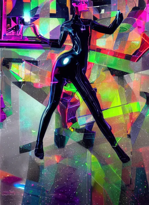 Prompt: futuristic lasers tracing, data visualization, laserpunk fullbodysuit,, pyramid visor, raindrops, wet, oiled, beautiful cyborg girl pinup, by steven meisel, kaws, rolf armstrong, cubist perfect geometry abstract acrylic, hyperrealism photorealistic airbrush collage painting, monochrome, neon fluorescent colors, minimalist rule of thirds, eighties eros