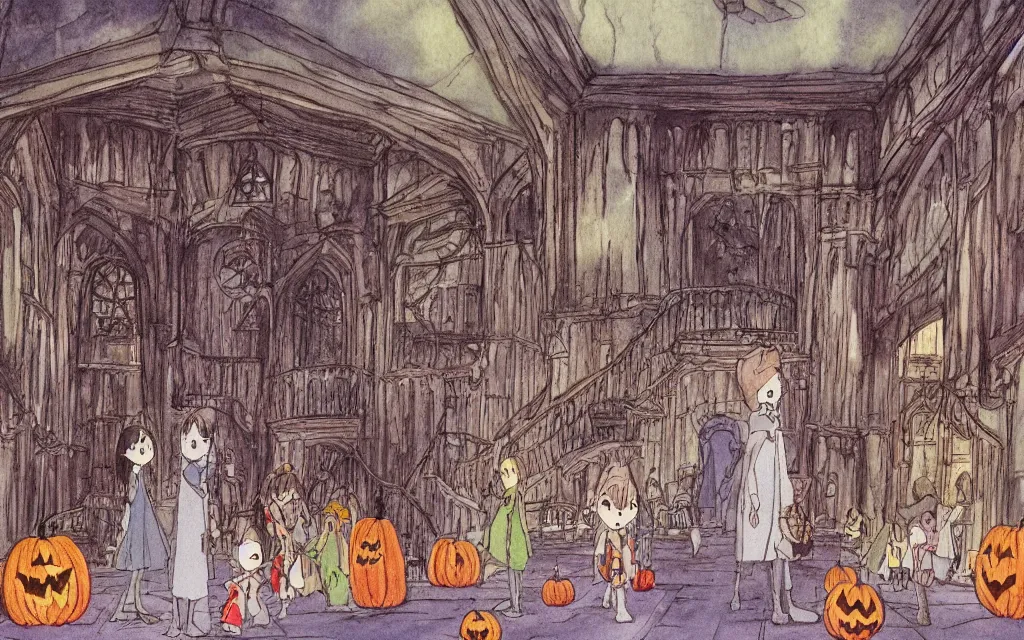 Image similar to interior, a large hall in the castle decorated for halloween drawn by hayao miyazaki, watercolor illustration for a book