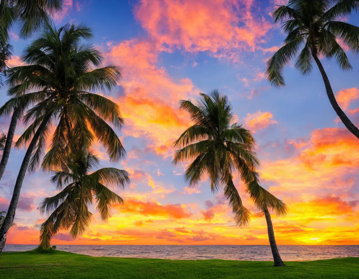 Image similar to photo of ultra realistic heart / shaped sandy beach island with exotic palm tree, sunset lighting