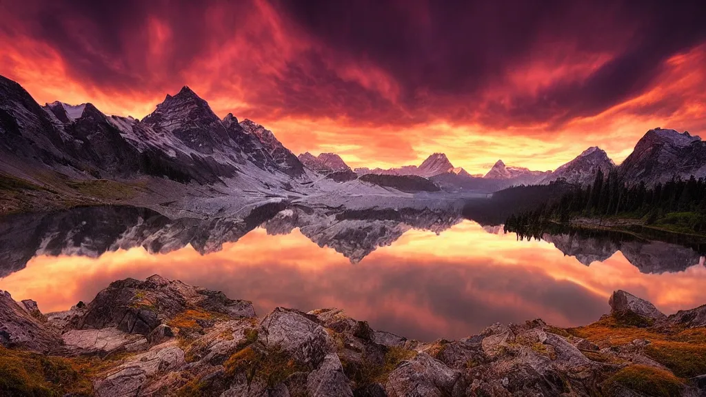 Image similar to amazing landscape photo of mountains with lake in sunset by marc adamus, beautiful dramatic lighting