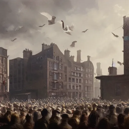 Prompt: Crowd surrounds giant duck waddling over buildings, mountain landscape, 1940s London, 4k, art by Greg Rutkowski