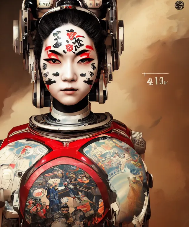 Image similar to an epic fantastic realism comic book style portrait painting of a japanese robotic geisha with kanji tattoos and decals, apex legends, octane render, intricate detail, 4 k hd, unreal engine 5, ex machina, irobot