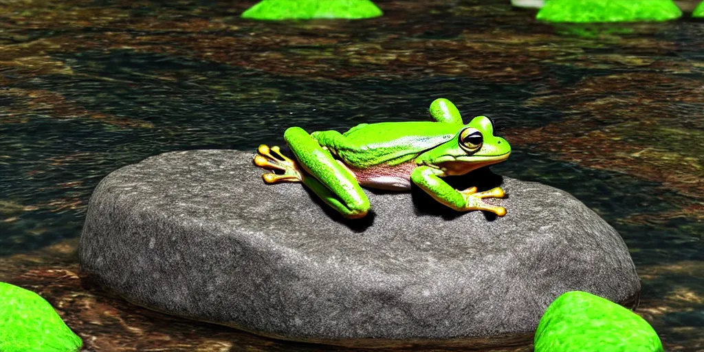 Prompt: A frog sitting on a glistening creek rock, flowing clear water creek bed, photorealistic 3D artwork.