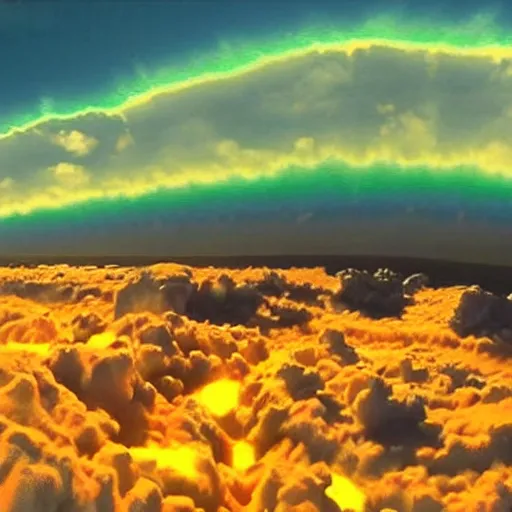 Image similar to combat drone strike war footage, ir, chromatic aberration!!!!!!!!!!!, broken camera colors, iridescent saturated infrared camera, very high contrast, nuclear cloud, high angle vertical