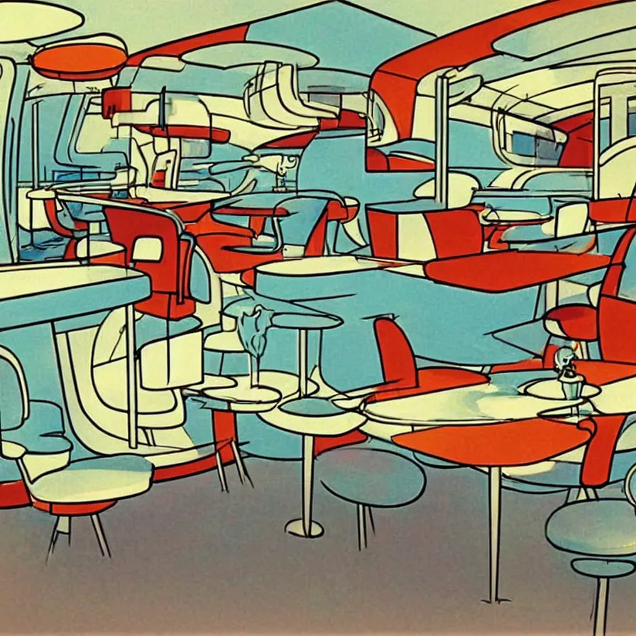 Image similar to concept art of jetsons cartoon indoor 5 0 s modern dinning room, painted by charlie harper