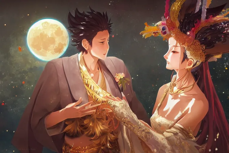 Image similar to close up moment of a divine a japan sun god and a moon goddess lovers magician at a wedding banquet, highly detailed, d & d, fantasy, 4 k realistic, digital painting, trending on artstation, concept art, sharp focus, illustration, art by makoto shinkai and akihiko yoshida and daniel gerhartz