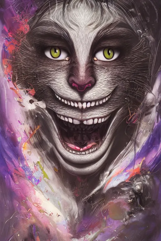 Image similar to dream portrait of Cheshire Cat from Alice in Wonderland,full character, melting ,8k,by tristan eaton,Stanley Artgermm,Tom Bagshaw,Greg Rutkowski,Carne Griffiths, Ayami Kojima, Beksinski, Giger,trending on DeviantArt,face enhance,hyper detailed,minimalist,cybernetic, android, blade runner,full of colour