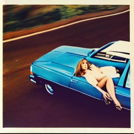 Image similar to a woman laying in the back seat of a car in 1 9 7 4 color