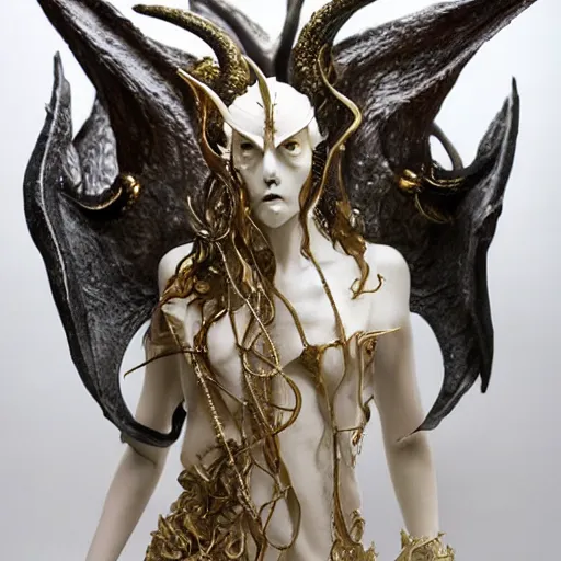 Image similar to angelarium, illithid, cthulhu, white with gold accents, sculpture by ellen jewett, black background