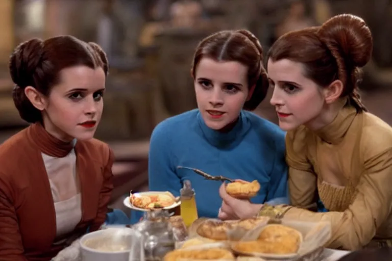 Prompt: princess leia having lunch with emma watson at quark's bar on deep space nine