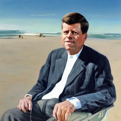 Image similar to portrait of john f kennedy, wrinkled, grey hair, handsome, hawaiian shirt, sitting in chair, landscape of nantucket beach, dunes, ocean, bluff, oil on canvas by william sidney mount - 1 9 8 2, trending on artstation