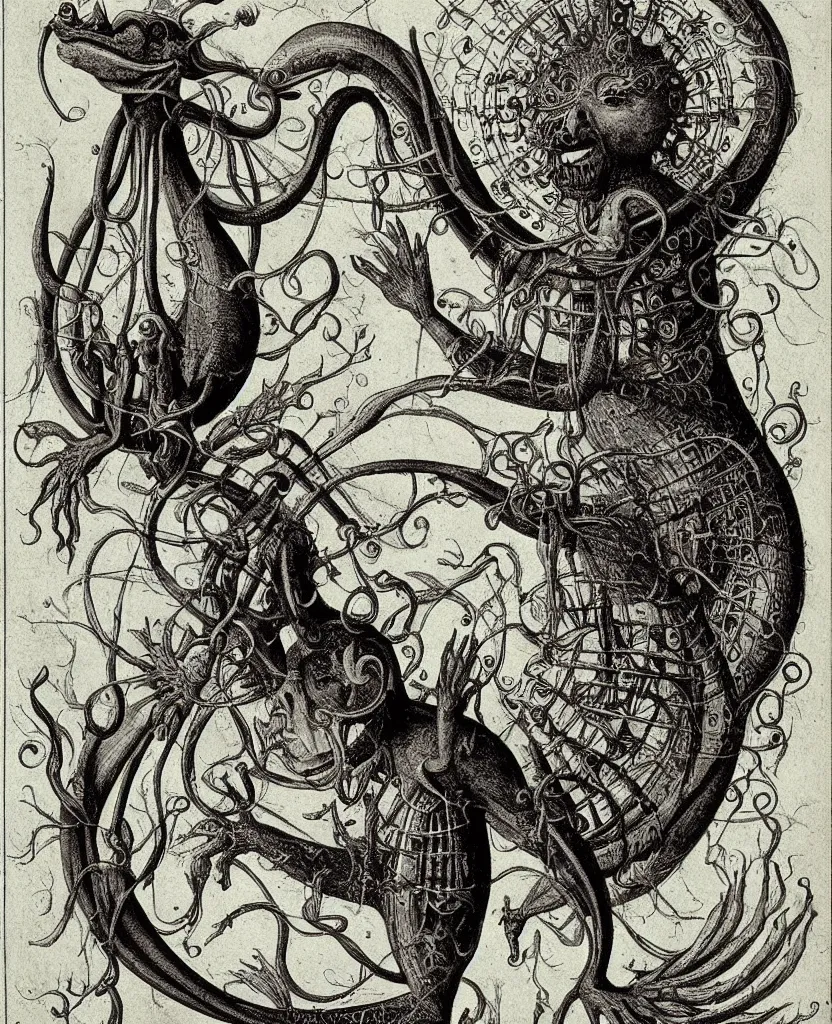 Prompt: whimsical freaky creature sings a unique canto about'as above so below'being ignited by the spirit of haeckel and robert fludd, breakthrough is iminent, glory be to the magic within