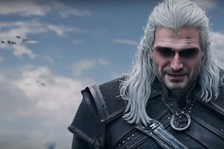 Prompt: vfx movie closeup suave handsome grinning vampire with long white hair, trench coat, dual wielding large revolvers, leaping into the air, low gravity in a shattered reality of new york city, cool aviators witcher show and game of thrones in new york by emmanuel lubezki