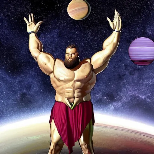 Image similar to god of universe gigachad colosus on space surrounded of planets