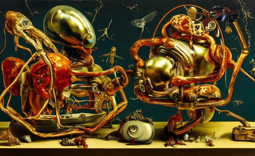 Image similar to strange robot body, disturbing colorful oil painting dutch golden age vanitas still life sparse composition with bizarre objects strange gooey transparent surfaces shiny metal reflections bizarre mutant meat insects rachel ruysch dali todd schorr very detailed perfect composition rule of thirds masterpiece canon 5 0 mm, cinematic lighting, photography, retro, film, kodachrome