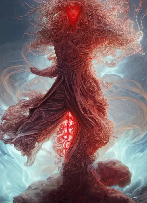 Image similar to cthonic resonance, red and white glowing fractals, genetically augmented pale white young man with long fluffy blond curly hair, fantasy, extremely detailed, digital painting, artstation, concept art, smooth, sharp focus, illustration, stunning lighting, art by artgerm and greg rutkowski and alphonse mucha and simon stalenhag, realistic character concept, high fantasy, dark atmosphere, golden ratio, cinematic lighting, hyperdetailed, high resolution, insanely detailed and intricate, artstation, Marc Simonetti, Greg Rutkowski, 8k