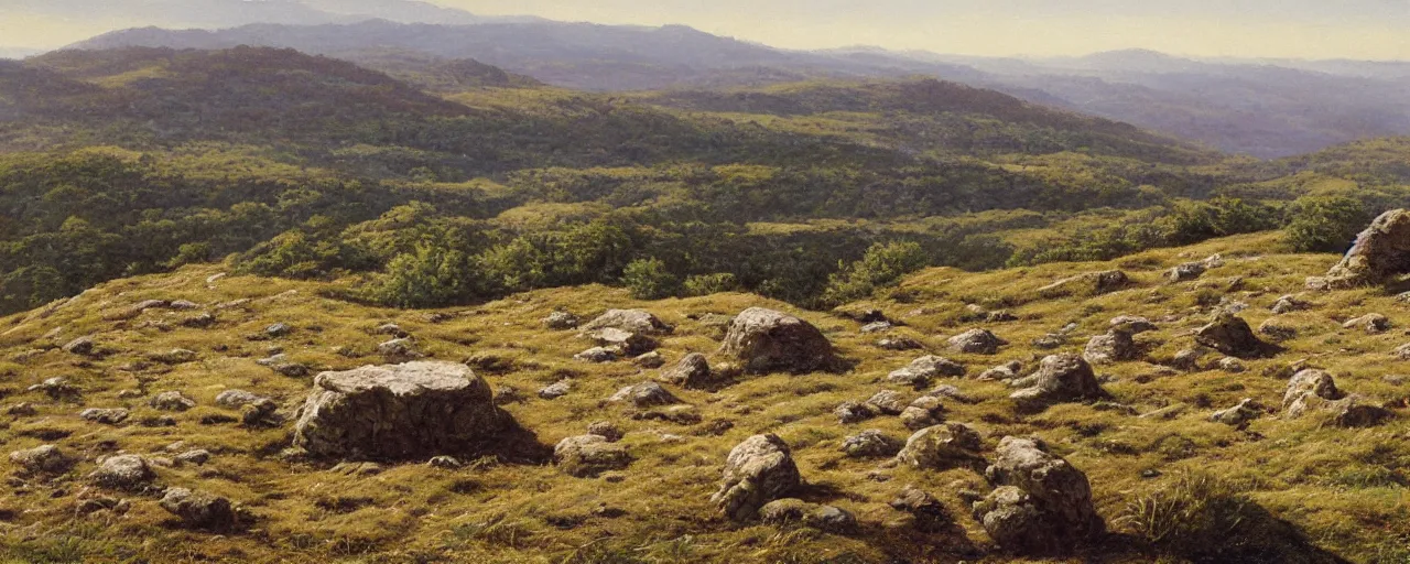 Image similar to a high hill landscape with a circle of four large stones like fingers on the top, by ted nasmith