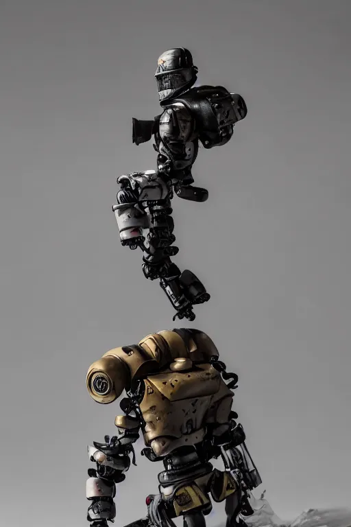 Image similar to a closeup shot of a beautiful art toy figurine by ashley wood and world of aaa, rusty robot soldier with a black bomber jacket, threea toys, dark background, dramatic studio light