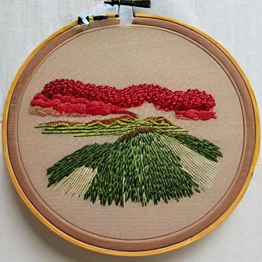 Prompt: a high quality handmade embroidery of a tornado coming towards a corn field. hand stitching