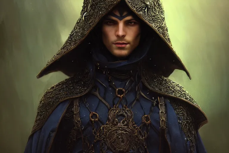 Image similar to ultrarealistic young male mage face portrait running, long black hair blue eyes wearing bronze mantle gothic navy cloak with leather details, green plants, fantasy character portrait, octane render, extreme intricate details, elegant, cinematic lighting, volumetric lighting, artstation, dnd art, cgsociety, sharp focus, beautiful digital painting by artgerm, gerald brom, wlop