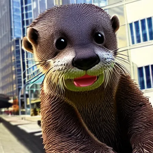 Prompt: a cute anthropomorph otter, in the style of pixar animation, realistic, in a city