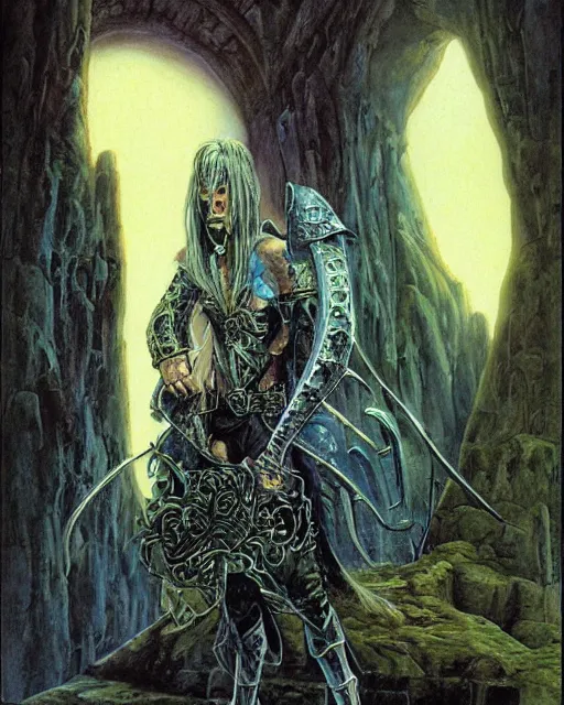 Image similar to “A portrait of Elric of Melniboné by Rodney Matthews and Roger Dean”