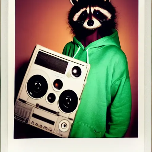 Image similar to medium shot, photo of a girl in a detailed hyperrealistic raccoon mask, wearing a green hoodie, holding a pile of vinyl records, 8 0 - s, polaroid photo, by warhol,