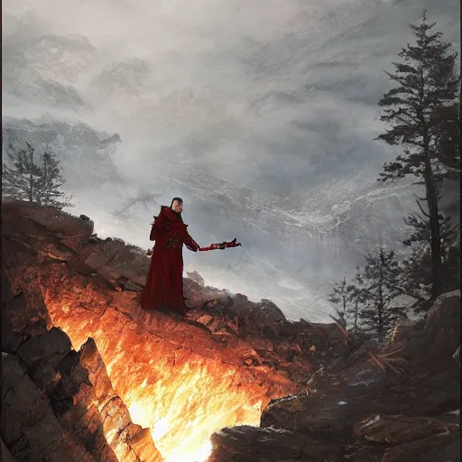 Prompt: stannis baratheon with a flaming sword in his hand standing on the edge of a cliff, artstation, jakub rozalski, mysterious, high detail