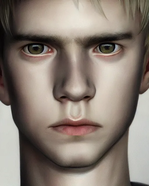 Prompt: portrait a 1 5 - year - old boy, with slender, white - blond hair, cold grey eyes, a pale complexion with sharp and pointed features, wearing black clothes, hyper realistic face, beautiful eyes, character art, art by mark brooks, hyperdetailed, cryengine, trending on artstation, digital art