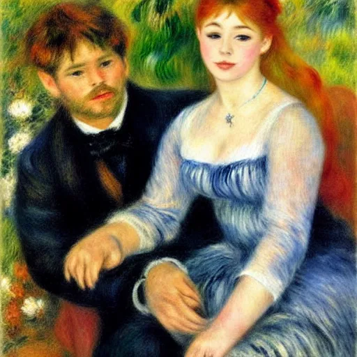 Image similar to art by renoir, real lgbt love, people wearing clothes