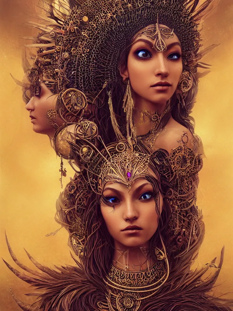 Image similar to a centered render of a single alluring mystical tribal goddess adorned with feathers and gemstones and cables and synthesizer parts is surrounded by sacred geometry made from elven architecture, full body, gorgeous, perfect face, powerful, cinematic, beautifully lit, by artgerm, by karol bak, 3 d, trending on artstation, octane render, 8 k