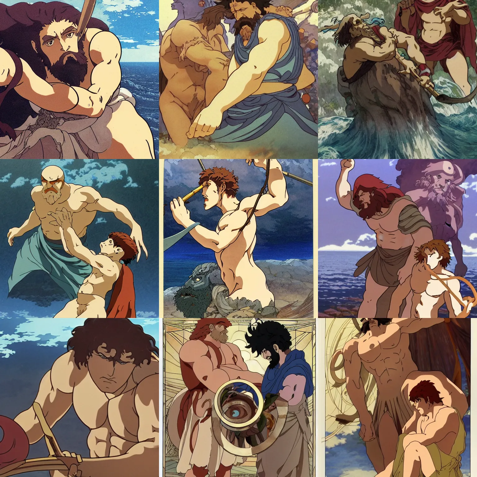 Prompt: Odysseus blinds Polyphemus the cyclops, classical mythology, defined facial features, highly detailed, animation cel, official Kyoto Animation and Studio Ghibli anime screenshot, by Makoto Shinkai and Alphonse Mucha