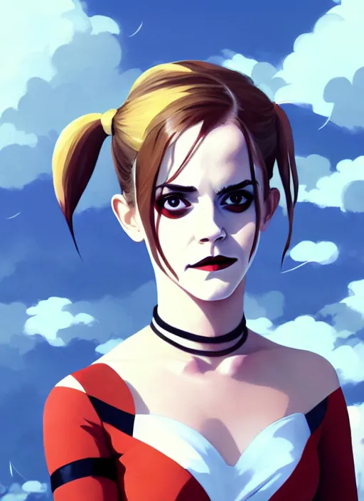 Prompt: portrait of emma watson as harley quinn, cloudy sky background lush landscape illustration concept art anime key visual trending pixiv fanbox by wlop and greg rutkowski and makoto shinkai and studio ghibli