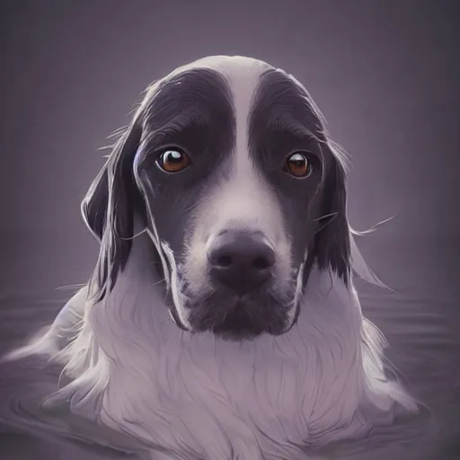 Image similar to dog in the water, stylized, artgerm, artstation, hd, cgsociety, cgi, realistic, dramatic, cinematic, artistic, trending, detailed