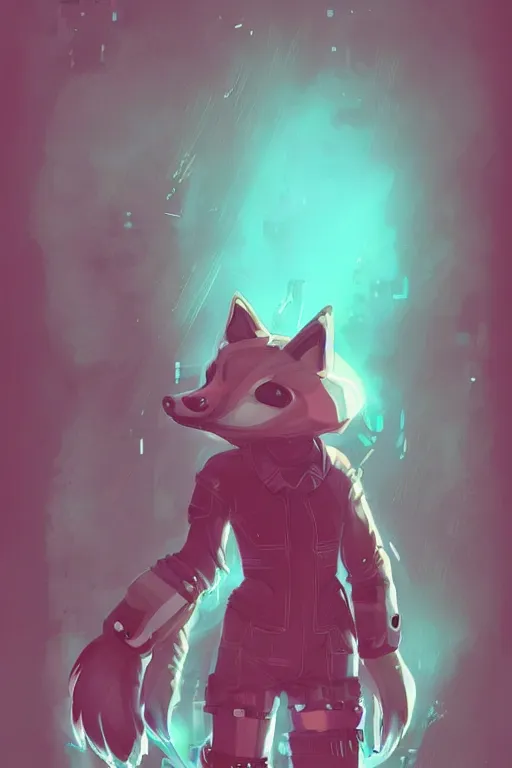 Image similar to a cute cyberpunk anthropomorphic fox with a fluffy tail, comic art, trending on furaffinity, cartoon, kawaii, backlighting, furry art!!!, warm light, concept art, glitch art