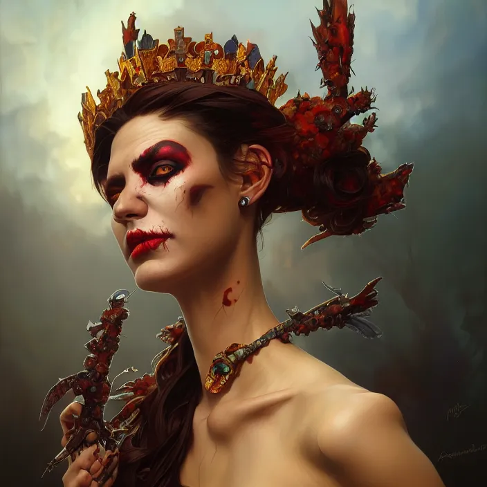 Image similar to excellent painted portrait of the undead queen of the southern burning plains, character artwork, 8k resolution artwork, trending on artstation, detailed oil painting portrait, art by artgerm and greg rutkowski and alphonse mucha and craig mullins and James Jean and Andrei Riabovitchev and Marc Simonetti and peter mohrbacher