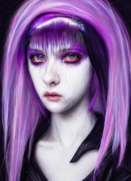 Image similar to hair whitebangs hair, black cyberlox, portrait of teenage girl with white bangs, whitebangsblackhair, messy bangs, cyberlox, whitebangs, red irises, purple clothes, intricate, elegant, glowing lights, highly detailed, digital painting, artstation, concept art, sharp focus, illustration, art by wlop, mars ravelo and greg rutkowski