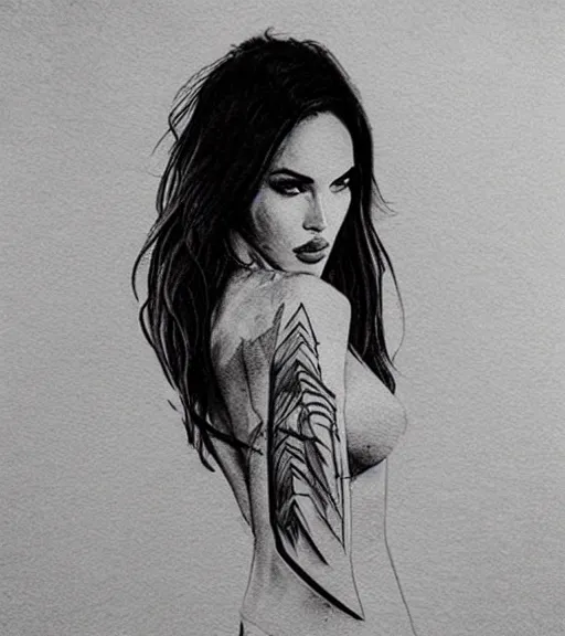 Image similar to double exposure effect tattoo design sketch of megan fox with beautiful mountain scenery, realism tattoo, in the style of matteo pasqualin, amazing detail, sharp