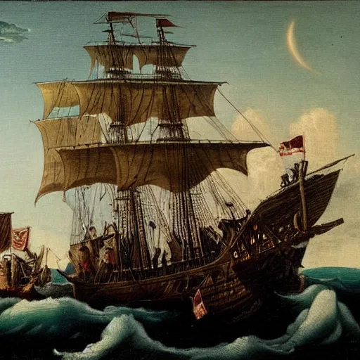 Image similar to an old 1 7 2 0 painting of blackbeard on his ship while a lighting strucks into the ship,