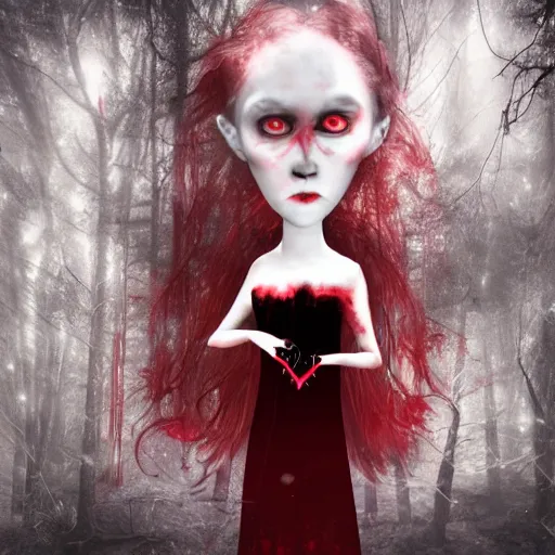 Image similar to a vampire girl with a creepy smile on her pure white face, shes holding a key in her right hand and she is staring into your soul, in the background a dark red forest is burning to ashes