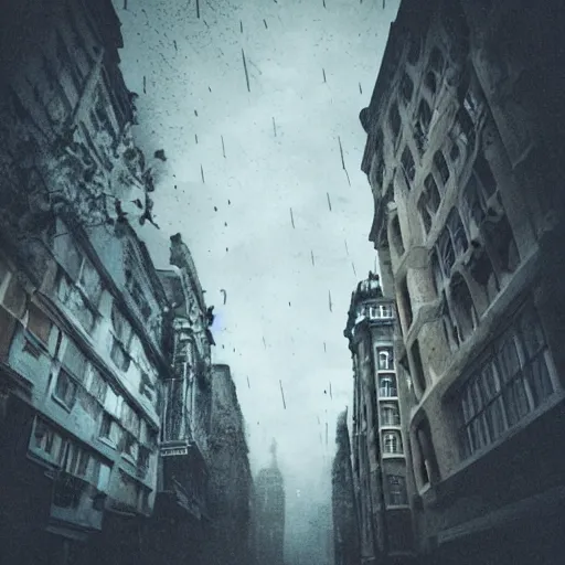 Prompt: street view of an upside-down city, ominous, creepy, eerie, liminal, scary, horror, nightmare::dark, night, dark horror buildings, upside-down, raining heavily, storming, dilapidated