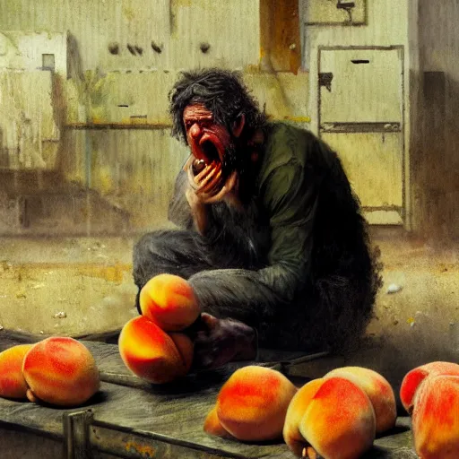 Image similar to feral man eating peaches in a factory, hunched over, mild mild impressionism, factory background, sharp colors, by greg rutkowski and asher duran