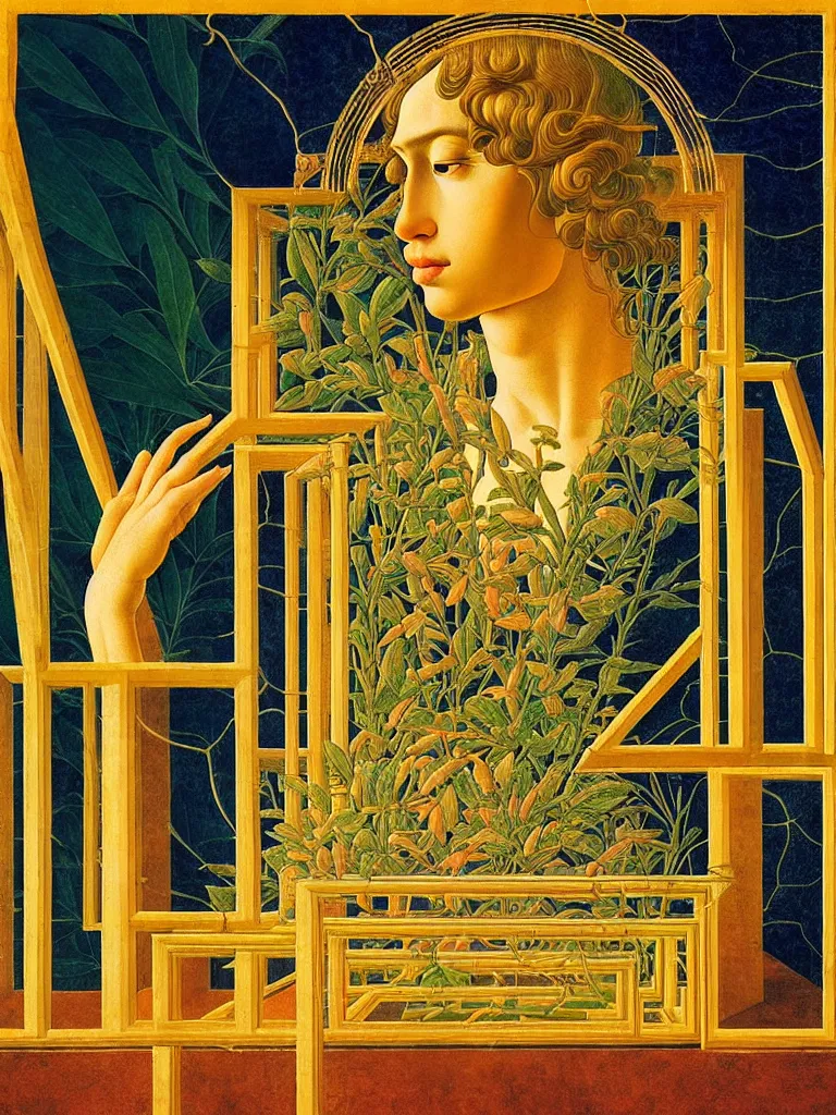 Image similar to hyperrealistic still life portrait of a mind exploding inside of a serene temple, beautiful plans, sacred geometry, light refracting through prisms in a tesseract, by sandro botticelli, botanical print, surrealism, vivid colors, serene, golden ratio, rule of thirds, negative space, minimalist composition